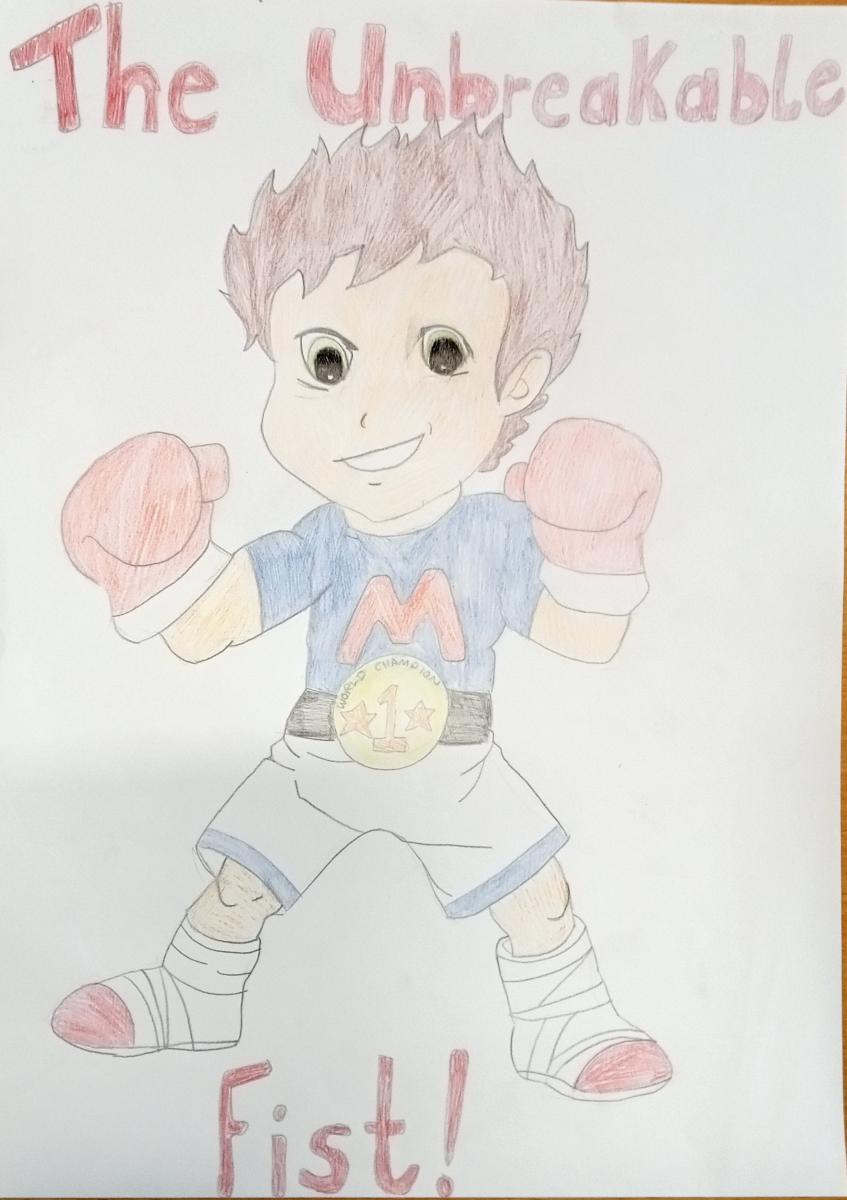 A 10 year old boy with red boxing gloves and a gold medal belt