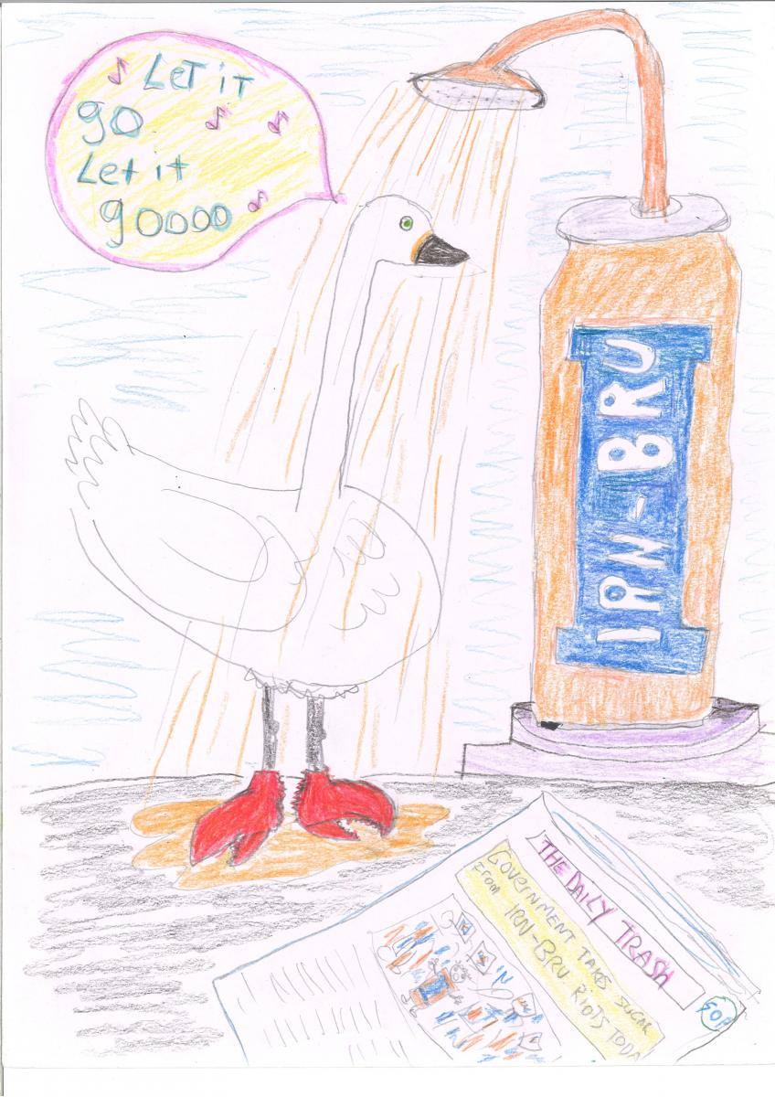 A half-swan, half-crab singing "Let It Go" in a shower of Iron Bru with a newspaper on the floor in the foreground that says "Government Takes Sugar from Iron Bru: Riots Today"