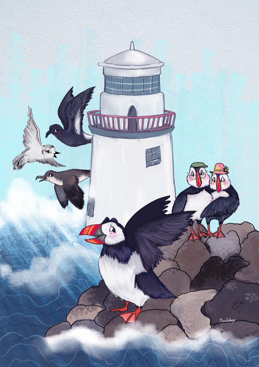 a drawing of cartoon puffins on a rock in front of a lighthouse