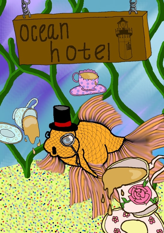 a digital illustration of a goldfish wearing glasses having a cup of tea at the hotel under the sea