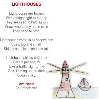A poem about a lighthouse with a drawing of a lighthouse and a boat by Ava Healy in roscommon
