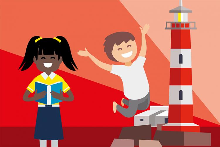 A digital illustration of a girl and a boy, who is jumping in the air, in front of a red and white striped lighthouse
