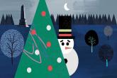 a digital illustration of a snowman hiding behind a christmas tree outside