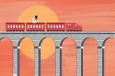 a digital illustration of a train driving along a viaduct with the bright red evening sun behind it